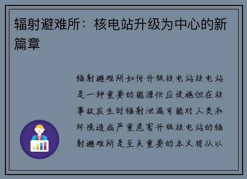 辐射避难所：核电站升级为中心的新篇章